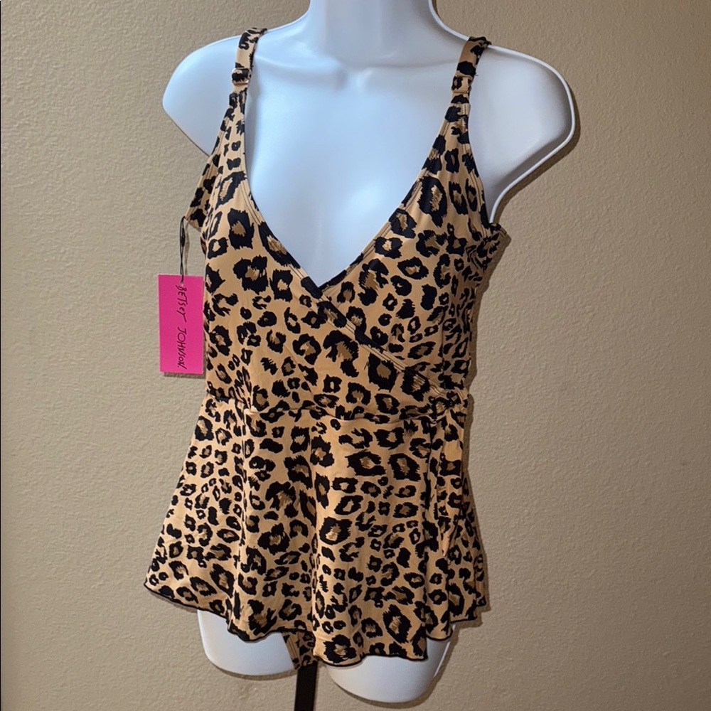 NWT $128 Betsey Johnson Tan/Black Leopard Peplum One Piece Swimsuit Size L